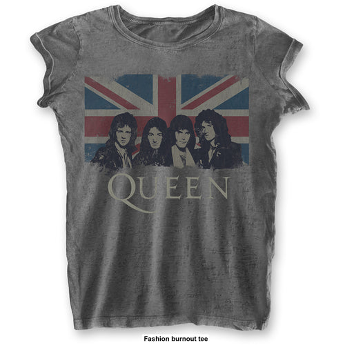 Queen Vintage Union Jack Ladies Burn Out T-Shirt