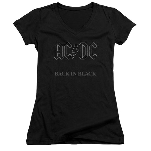 AC/DC Back In Black Junior's 30/1 100% Cotton Cap-Sleeve Sheer V-Neck T-Shirt