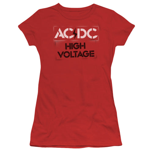 AC/DC High Voltage Stencil Junior's 30/1 100% Cotton Cap-Sleeve Sheer T-Shirt