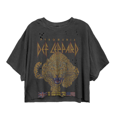Def Leppard Tour 1983 Cat Pigment Black 100% Cotton Vintage Oversize Crop T-Shirt