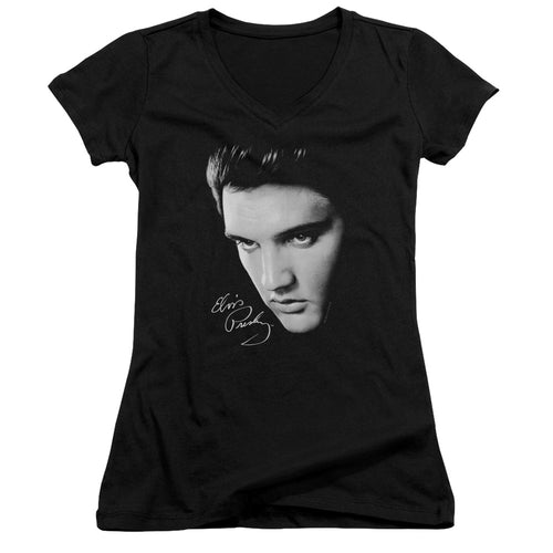 Elvis Presley Special Order Face Junior's 30/1 100% Cotton Cap-Sleeve Sheer V-Neck T-Shirt