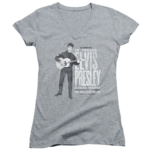 Elvis Presley In Person Junior's 30/1 100% Cotton Cap-Sleeve Sheer V-Neck T-Shirt