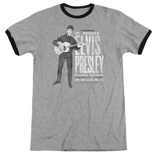Elvis Presley In Person Men's 30/1 Heather Ringer 50% Cotton 50% Poly Short-Sleeve T-Shirt