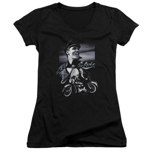 Elvis Presley Motorcycle Junior's 30/1 100% Cotton Cap-Sleeve Sheer V-Neck T-Shirt