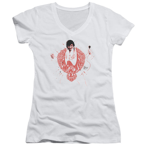 Elvis Presley Red Pheonix Junior's 30/1 100% Cotton Cap-Sleeve Sheer V-Neck T-Shirt