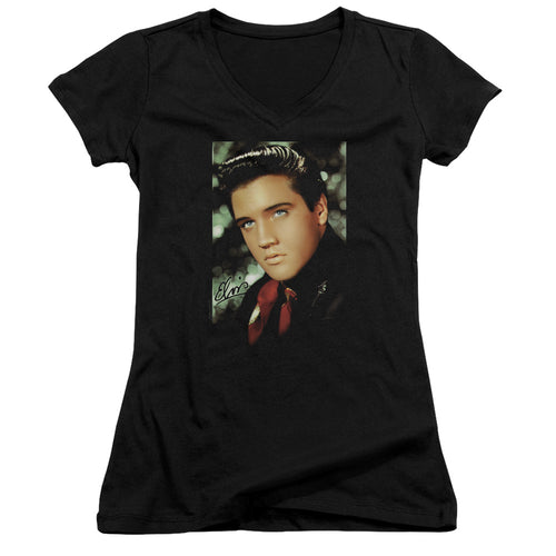 Elvis Presley Red Scarf Junior's 30/1 100% Cotton Cap-Sleeve Sheer V-Neck T-Shirt