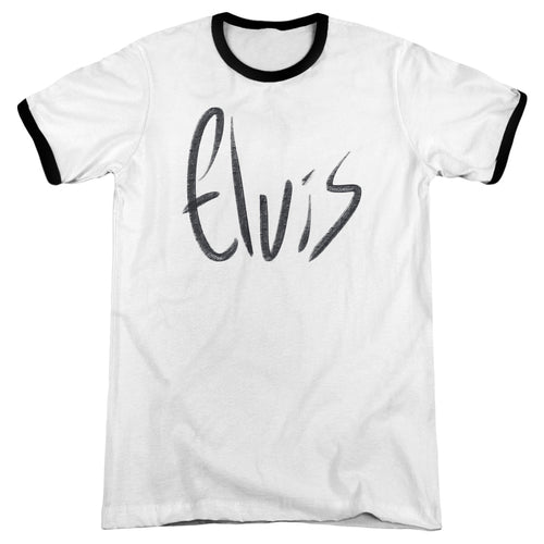 Elvis Presley Sketchy Name Men's 30/1 Heather Ringer 50% Cotton 50% Poly Short-Sleeve T-Shirt