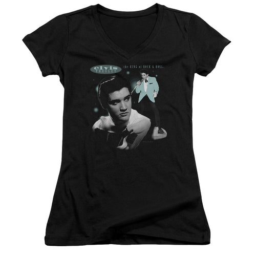 Elvis Presley Teal Portrait Junior's 30/1 100% Cotton Cap-Sleeve Sheer V-Neck T-Shirt