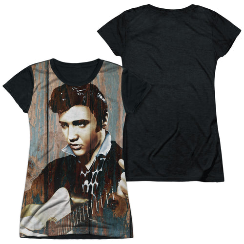 Elvis Presley Woodgrain Junior's Black Back 100% Polyester Cap-Sleeve T-Shirt