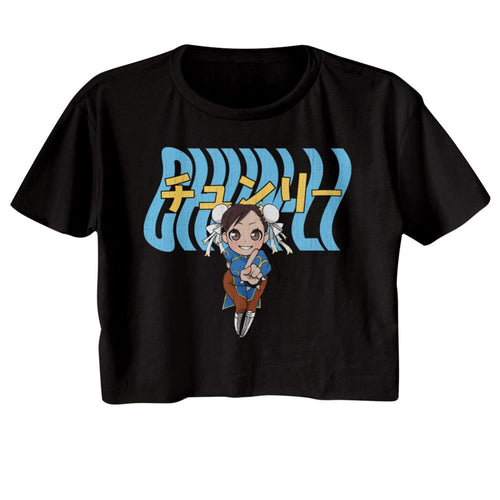 Street Fighter Chun Li Warped Text Ladies Short-Sleeve Festival Cali Crop T-Shirt